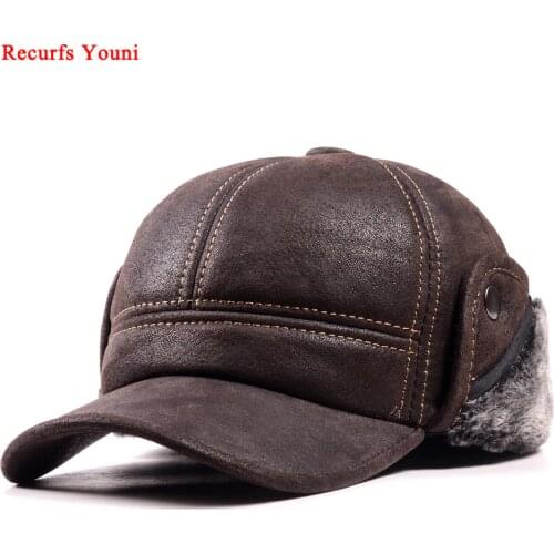 RY9100 Male Winter Genuine Leahter Suede Bomber Hat Man Nubuck Thick Head Warm Dome Caps Elder Black/Brown sewing Fitted Gorras