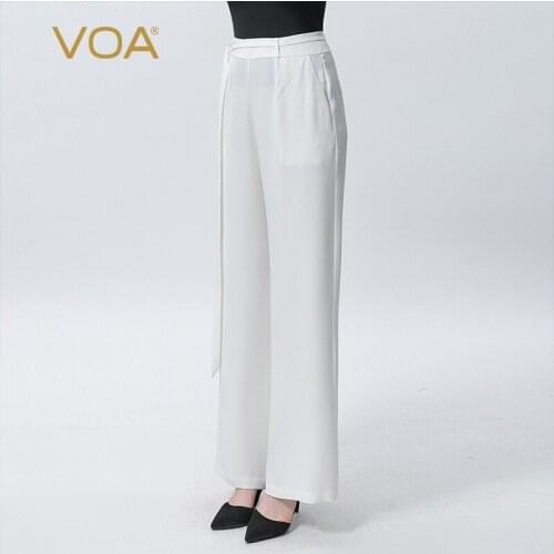 VOA Office Lady Fashion Draped White Silk Trouser Autumn Simple Style Sash Pants Women Casual Street Wear Bottoms New 2021 KE520