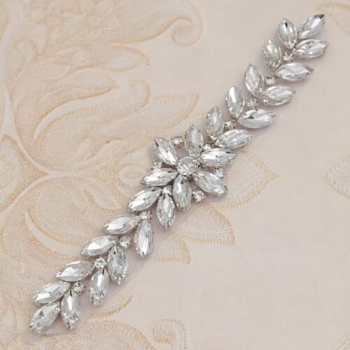 YANSTAR 5PCS Wholesale Bridal Gown Sash Rhinestones Appliques Iron On For Wedding Dresses Belt Clear Silver Crystal YS843