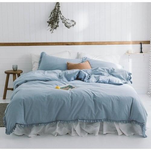 Japanese 100% Cotton Quilt Set Washed Pleated Lace Four Piece Set Solid Color Simple Bed Sheet Quilt Cover 1.8m Bedding