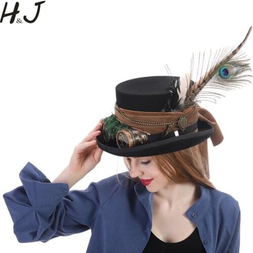 15CM Top Black Women Wool Steampunk Top Hat For Lady Handmade Glasses Gear Feather Fedora Hat 4 Size Steampunk Hat