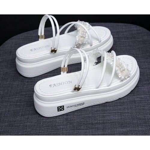 Shoes Woman Summer Wear 2021 New Pearl Thick-soled Slope with Two-wear Beach Sandals To Increase The Bottom of The Sponge Cake