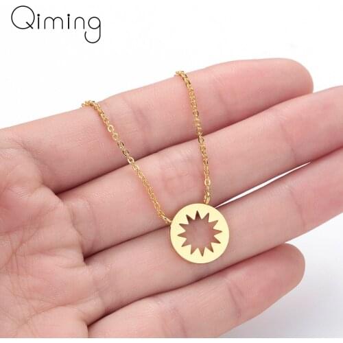 Rose Gold Starburst Geometric Necklace Women Stainless Steel Minimalist Necklace Round Circle Simple Jewelry Female Gift