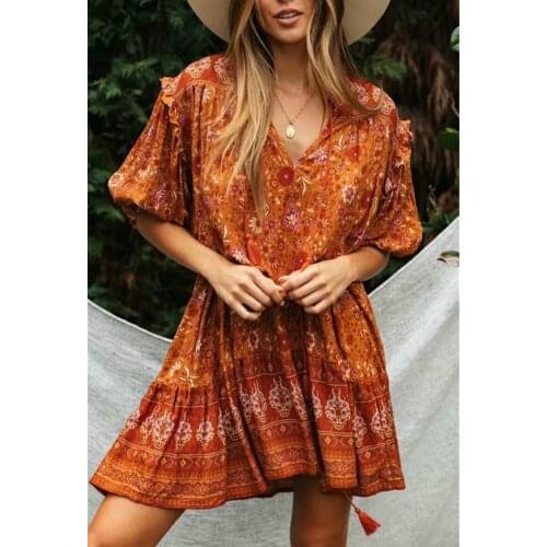 Happie Queens women Orange floral print lantern sleeve tassel beach Bohemian mini dresses Ladies V neck rayon Boho dress