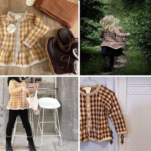 EnkeliBB 20% Wool Toddler Girl Knitted Sweaters diamond Button Tops konges Kids Girls Winter Red Yellow Sweater With Ruffle Hem