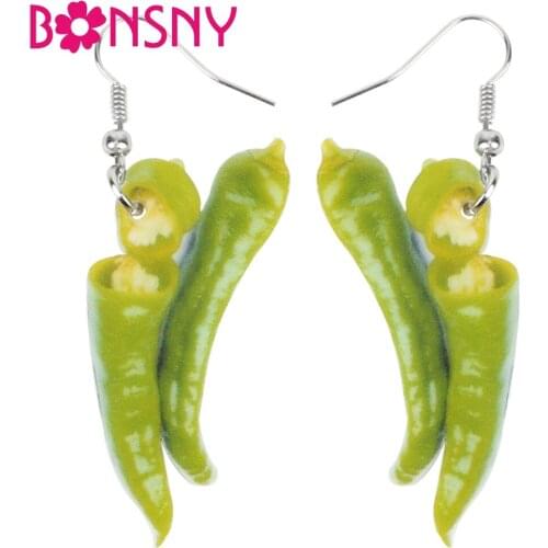 Bonsny Acrylic Novelty Green Pepper Earrings Big Long Dangle Drop Fashion Vegetable Jewelry For Women Girls Ladies Teens Gift