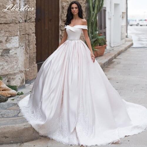 Lhuilier Elegant A-line Boat Neck Satin Wedding Dresses 2020 Lace Appliques Floor Length Off the Shoulder Bridal Dress with Belt