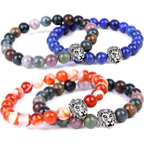Lions Head 8mm Striped Indian Stone Beads Synthetic Lapis Lazuli Strand Yoga Reiki Bracelets Men Women Jewelry