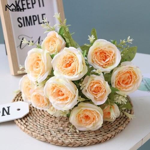Meldel DIY Bride Flower Bouquet 12 Heads Rose Wedding Bouquet Flower Arrangement Artificial Silk Flower Office Home Party Decor