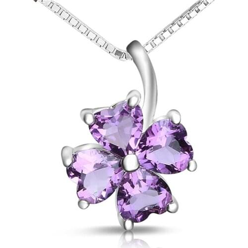 Top Quality 925 Sterling Silver Necklace Female Jewelry Bright Crystal Purple Clover Pendant Necklace Women Clavicle Accessories