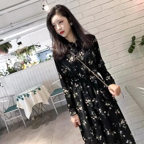 Women New Spring Dress Elegant Vintage Floral Print Maxi Long Sleeve Long Turn Down Collar Casual Female Dresses YM129