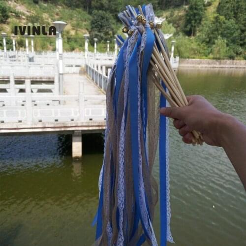 Newest 50pcs/lot Blue Jute wedding wands with gold bell for wedding decoration