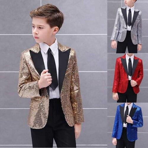 Latest Designs Prom Party Boys Suits Shiny Stage Performance Boy Tuxedo Kid Formal Wedding Suit Jacket with Pants set 2 piece