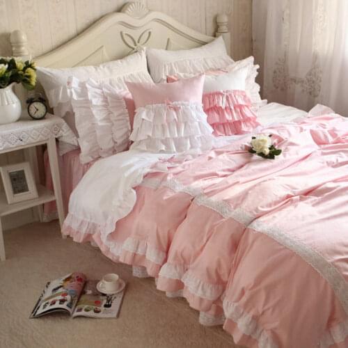 New sweet lace pink bedding set patchwork ruffle duvet cover wrinkle bed sheet bedroom decoration bedding princess bedding sets