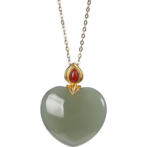 Pure gold natural Hetian gray jade southern red agate pendant light luxury temperament love women pure gold pendant