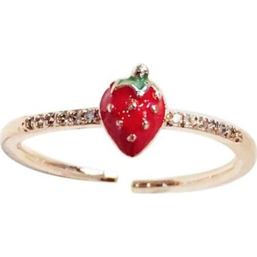 Sweet Fruit Red Strawberry Open Adjustable Finger Rings For Women Gold And Silver Color Crystal Ring Girls Party Gifts
