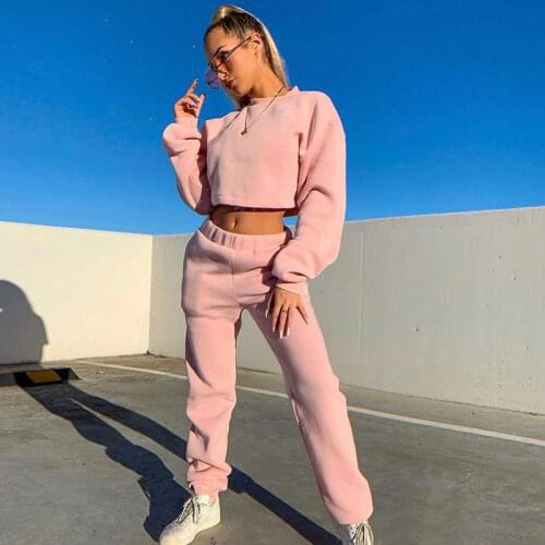 Autumn New Solid Color Two Pieces Tracksuits Women Sportswear Running Sets Sweatshirt Crop Top+Joggers Pants Female Outfit S-3XL