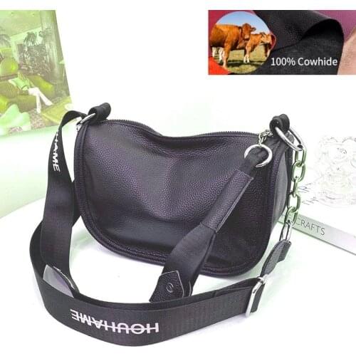 Black Hobos Genuine Leather Women Shoulder Bag High Quality Solid Color Zipper Handbag Fashion Tassel Chain Strap Crossbody Bag