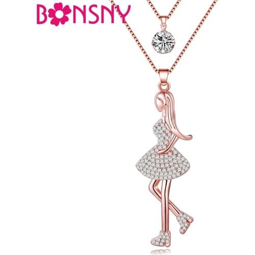Bonsny Statement Long Rhinestone Girl Figure Pendant Necklace Alloy Choker Chain Collar Fashion Accessories Jewelry For Women