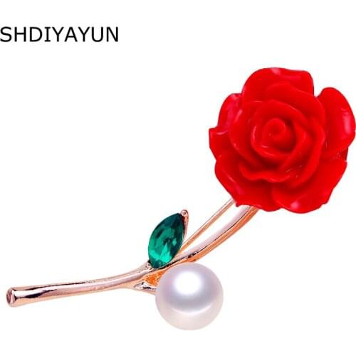 SHDIYAYUN New High Guality Pearl Brooch Rose Flower Brooch For Women Vermilion Red Brooch Pins Natural Freshwater Pearl Jewelry
