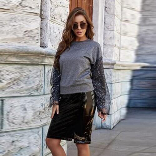 Ladies O-Neck Autumn Hoodie Patchwork Casual Loose Pullover Gray Women Fashion Sequined Mesh Perspective Puff Sleeve Streetwear