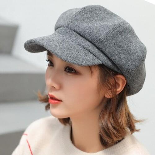 Womens English solid-color wool octagonal hats for the fall and winter new casual wear everything