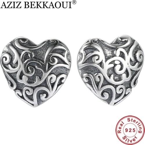 AZIZ BEKKAOUI Vintage 925 Sterling Silver Heart Stud Earrings for Women 100% Real Silver Earrings for Girl Wedding Jewelry Gift