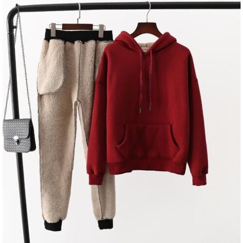 Plus velvet thick 2 Piece Set Women Hoodie Sweatshirt Female Lambskin Cashmere Casual Pullover Suits Womens Hooded Tracksuit