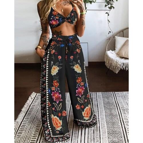 Summer Women Two Piece Sets Tracksuits Outfits Butterfly Print Tube Top Sets Female Sports Beach Bra Loose Wide Leg Pants Sets