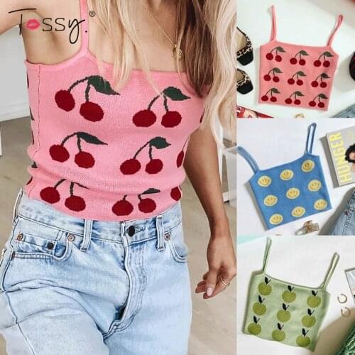 Tossy Y2K Knit Cami Tops For Women Spaghetti Strap Vest Corset Summer Streetwear Tank Top E-girl Cute Cherry Cropped Camisole