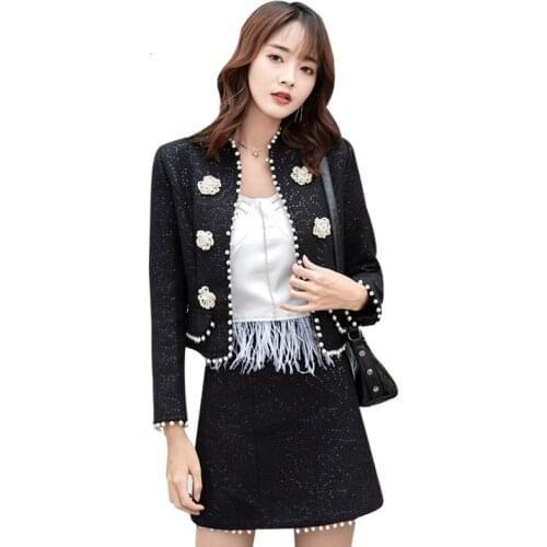 2019 Runway Autumn Winter Women Tweed 2 Piece Set Women Fashion Bead Diamond-inlaid Tweed Jacket Coat+ Mini Short Skirt Suits