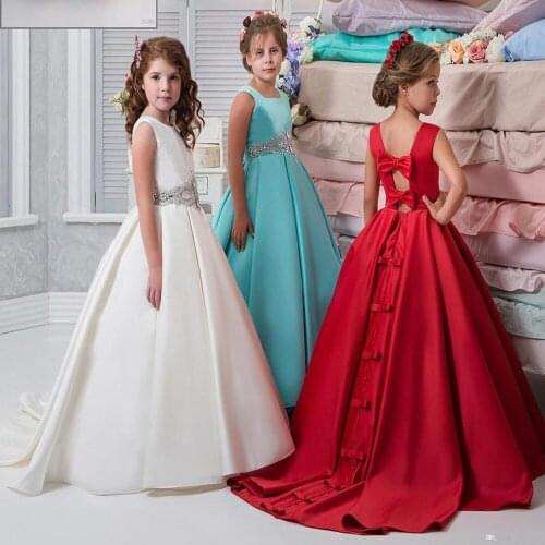 2-14 Years Old Satin Flower Girls Dresses Ball Gown Square Girls Pageant Gowns Backless Floor-Length First Communion