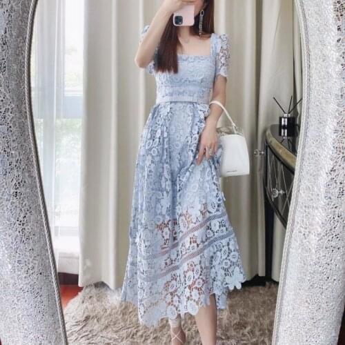 Runway Self Portrait Dress Women 2021 Summer Flower Embroidery Lace Sequins Dresses Lady Elegant Midi Long Formal Dresses Woman