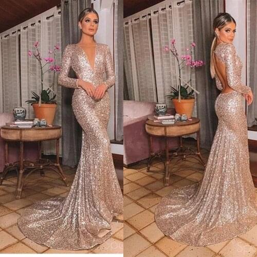 Sexy Custom Made Long V Neck Backless Long Sleeves Champagne Gold Blush Rosegold Sequin Mermaid Women Prom Dress Evening Dresses