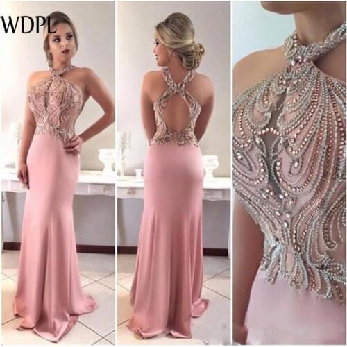 Sexy Backless Mermaid Prom Dresses Pink Halter robe e soiree Beaded Crystal Long Evening Gowns Saudi Arabic Formal Dresses 2019