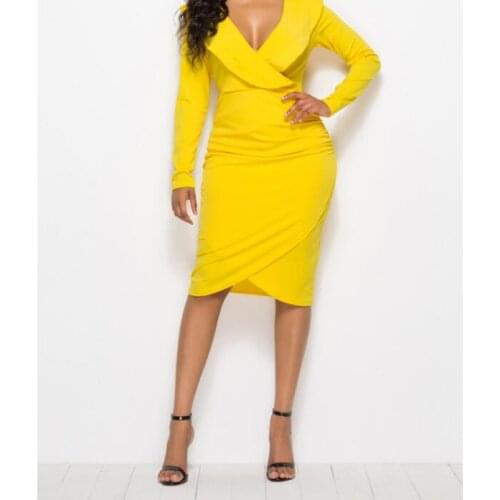 2021 Women Autumn Dress Sexy Long Sleeve V Neck Pencil Party Dresses Ladies Ruffles Bodycon slim Midi Dresses