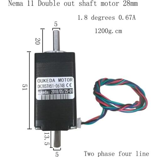 28 dual-axis motor 28BYGH51 motor dual output shaft 1200g.cm 0.67A 2-phase 4-wire 1.8 degrees OK28STH51-0674B