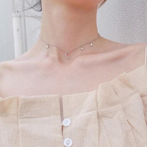 925 Sterling Silver Necklace Micro Zircon Moon Star Pendant Short Clavicle Necklace For Women Choker Collar S-N220