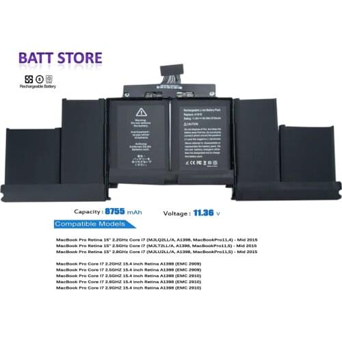 A1618 Laptop Battery for MacBook Pro 15 inch Retina A1398 (Late 2013, Mid 2014, 2015) Compatible with Retina ME293 ME294 MGXA2