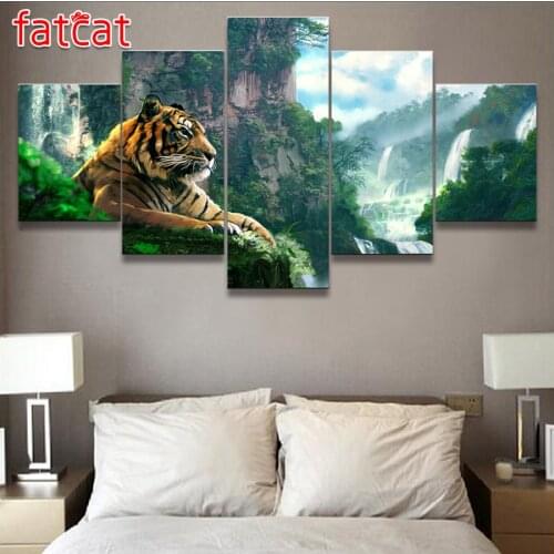 FATCAT Diy Diamond Painting 5 Panel Tiger And Mountain Waterfall Decorative full Square Round Diamond Embroidery Sale Art AE773