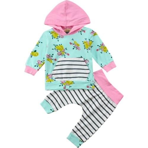 Free shipping Newborn Toddler Baby Girls clothes Floral Hooded Sweater Tops+Pants Outfits Clothes