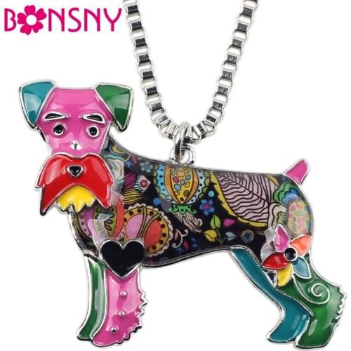 Bonsny Alloy Enamel Schnauzer Dog Necklace Pendant Chain Collar Elegant Animal Jewelry For Women Girls Pet Lovers Gift Wholesale