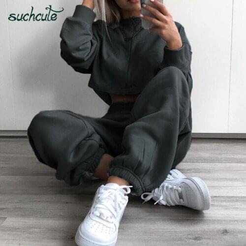 SUCHCUTE Cotton Pants Women Elastic Waist Warm Solid Color Sport Pant Sweatpants Autumn Winter 2019 Streetwear Female Trousers