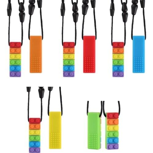 Rainbow Brick Chew Necklace Baby Silicone Teether Autism Sensory Chew Therapy Tools Kids Chewy Toys