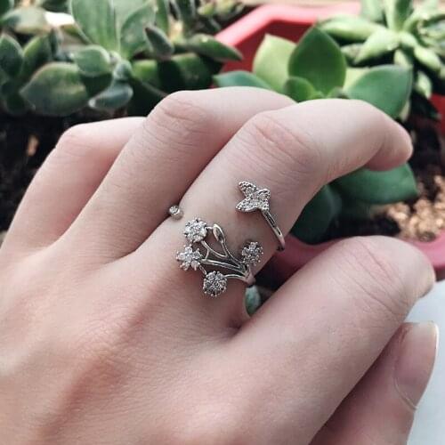 Exquisite Silver Color Crystal Butterfly Flower Opening Rings Cocktail Party Rose Gold Ring Bridal Engagement Fine Jewelry Gifts