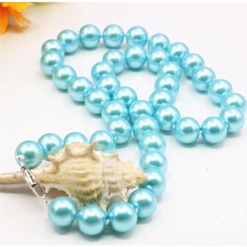 Cute/Romantic 8/10/12mm Sky Blue Artificial Shell Imitation Pearl Necklace Round Beads Womens Jewelry Rope Chain 18inch Y927