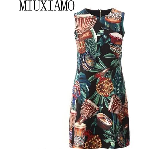 MIUXIMAO High Quality 2020 Spring& Summer dress Diamonds Elegant Party dress Drum Leaf Print Black Casual Dress Women Vestidos