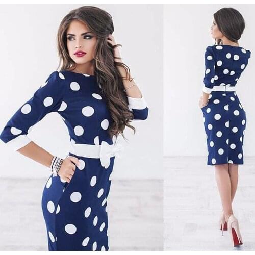 Fashion Dot Dress Women Office Lady Slim Bodycon Formal Dress Party Clubwear Half Sleeve O Neck Knee-length Dress Vestidos Bow