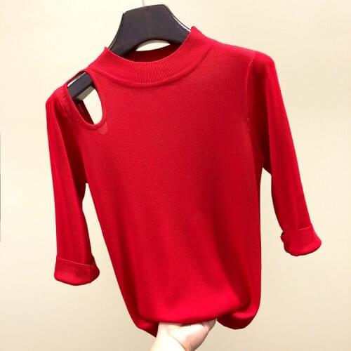 2021New Korean version O collar Ice silk sweater bottoming shirt womens thin pullover summer Strapless Half sleeve