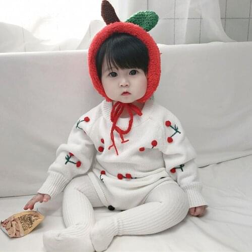 Baby Girl Clothes Newnborn Cherry Embroidery Rompers Autumn winter Baby Knitted Sweater Baby Boys Romper Cotton Infant Clothing
